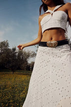 Sexy Embroidered Hollow Out Cutout out Halter Vest Short Top High Waist Skirt Set