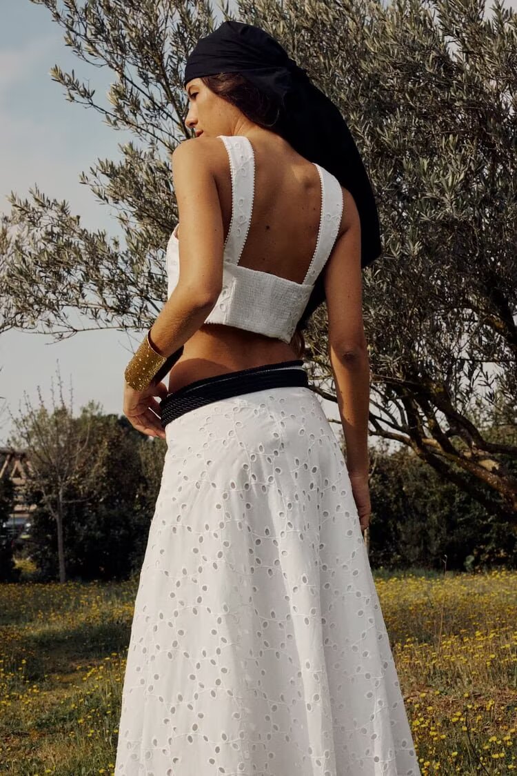 Sexy Embroidered Hollow Out Cutout out Halter Vest Short Top High Waist Skirt Set