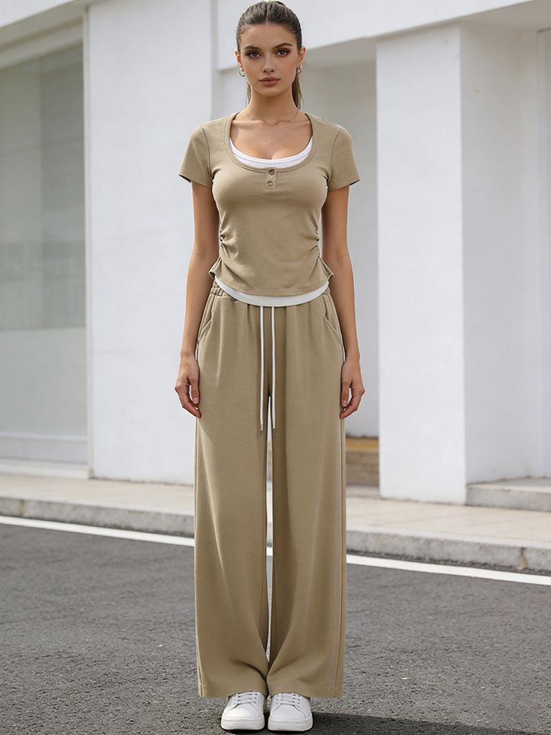 Casual Women Summer Western Slimming Faux Two Piece Sets Top Wide Leg Pants Sports