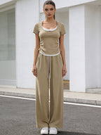 Casual Women Summer Western Slimming Faux Two Piece Sets Top Wide Leg Pants Sports