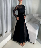 Black Lace Long-Sleeve Ruched Bodycon Maxi Dress