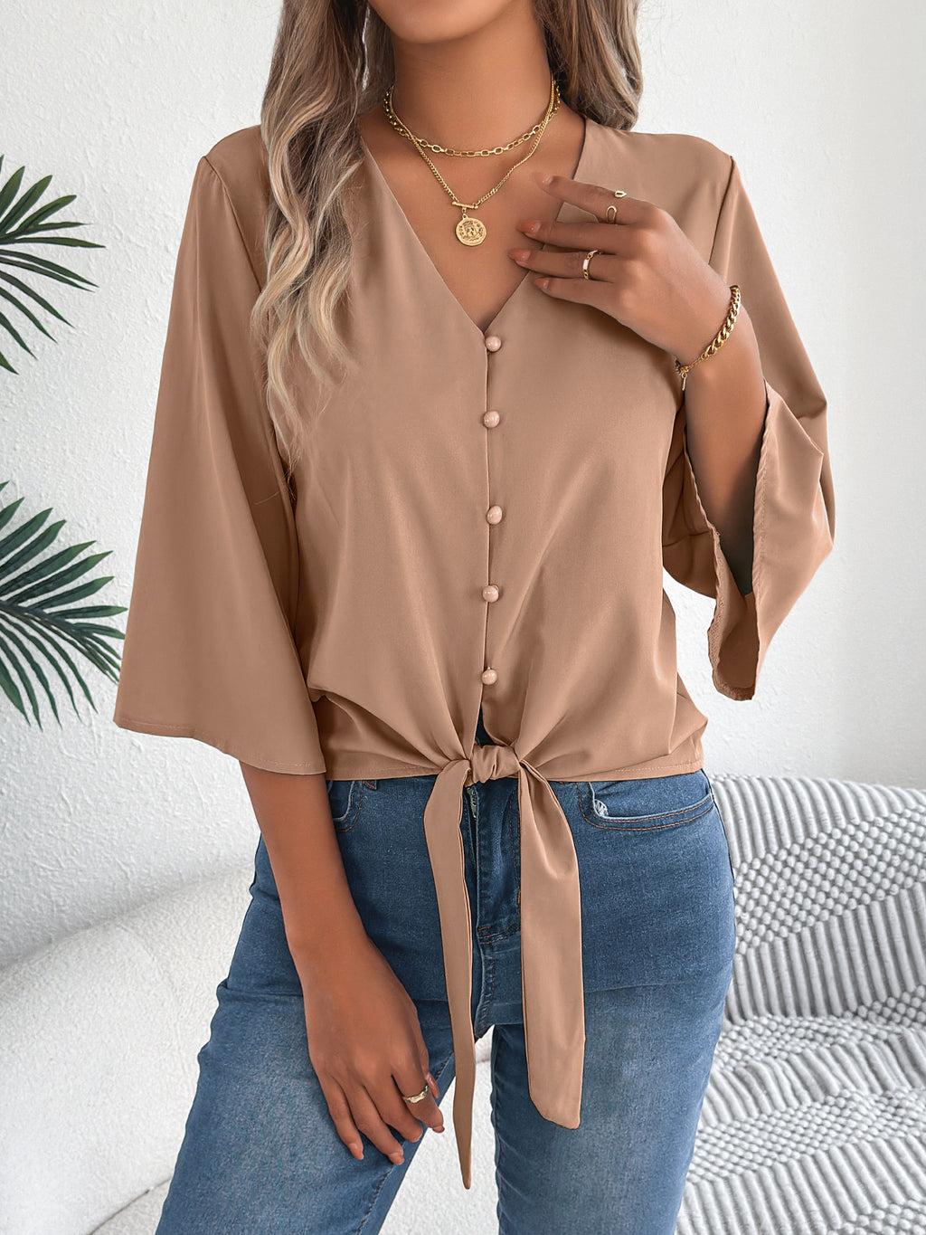 Women's Quarter Sleeve Knotted Chiffon Shirt Stand Independently