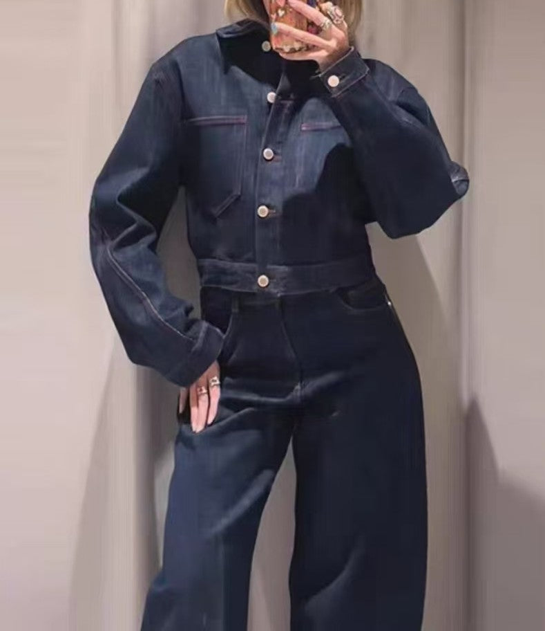 Women Clothing Women Love Decoration Short Denim Jacket High Waist Straight Jeans Two Piece Sets