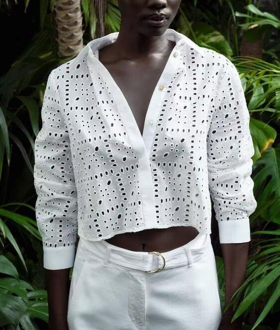Women's Clothing Summer Casual Simple Hollow Out Cutout Embroidered Shirt