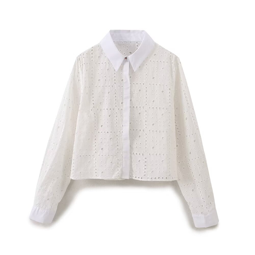Women's Clothing Summer Casual Simple Hollow Out Cutout Embroidered Shirt