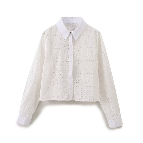 Women Clothing Summer Casual Simple Hollow Out Cutout Embroidered Shirt