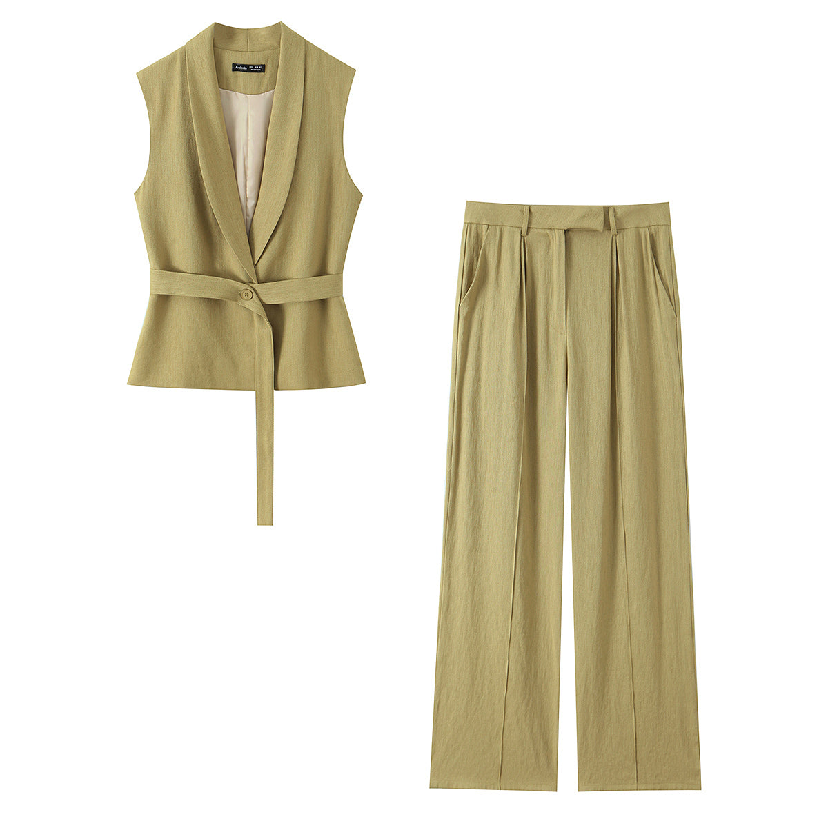 Blended Sleeveless with Belt Single Button Vest Zipper Wide Leg Pants Two Piece Sets