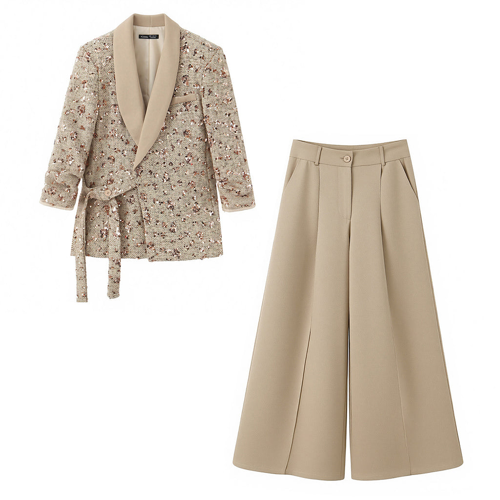 Women Clothing Summer Heavy Craft Sequ Lace up Blazer Trousers Two Piece Sets