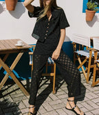 Women Clothing Casual Hollow Out Cutout Embroidered Shirt Wide Leg Pants