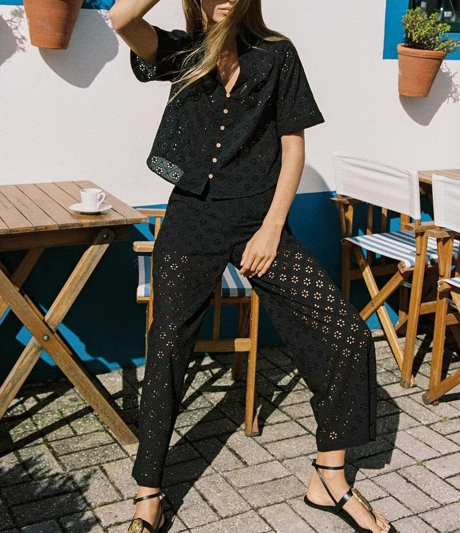 Women Clothing Casual Hollow Out Cutout Embroidered Shirt Wide Leg Pants