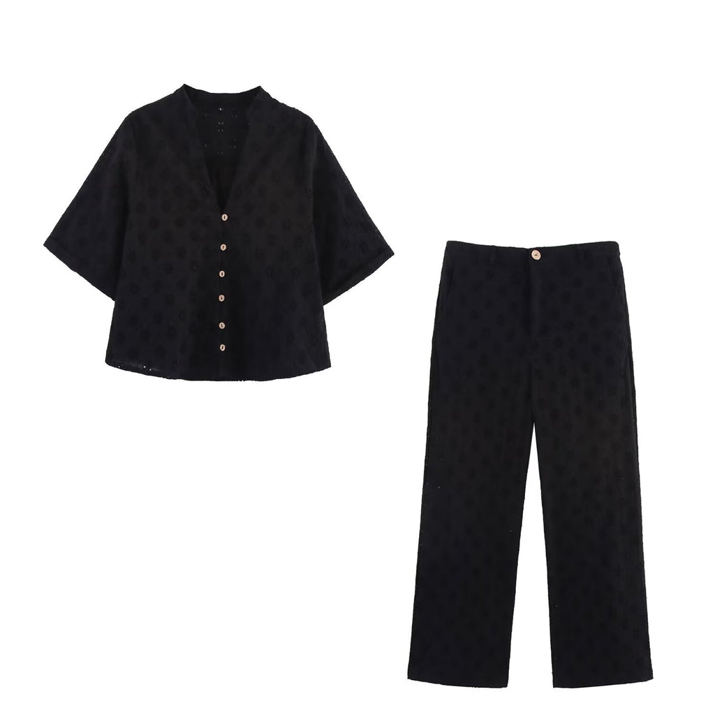 Women Clothing Casual Hollow Out Cutout Embroidered Shirt Wide Leg Pants