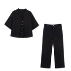 Women Clothing Casual Hollow Out Cutout Embroidered Shirt Wide Leg Pants