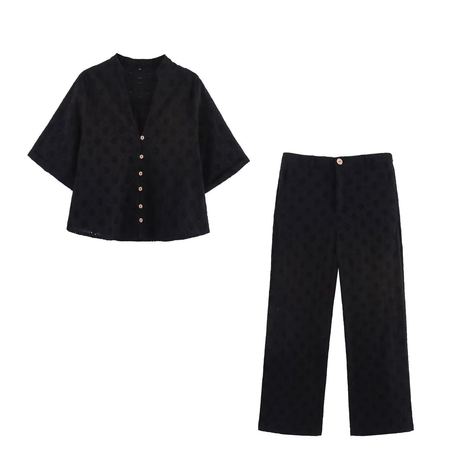 Women Clothing Casual Hollow Out Cutout Embroidered Shirt Wide Leg Pants