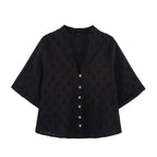 Women Clothing Casual Hollow Out Cutout Embroidered Shirt Wide Leg Pants