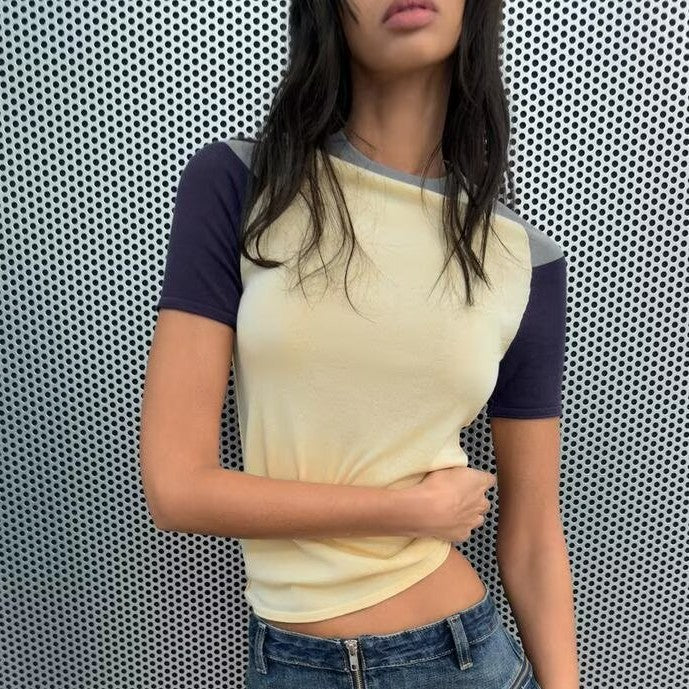 Women's Yellow Blue Color-Block Raglan T-Shirt