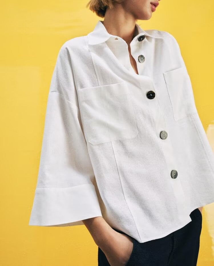 Women's White Linen-Texture Collared Shirt