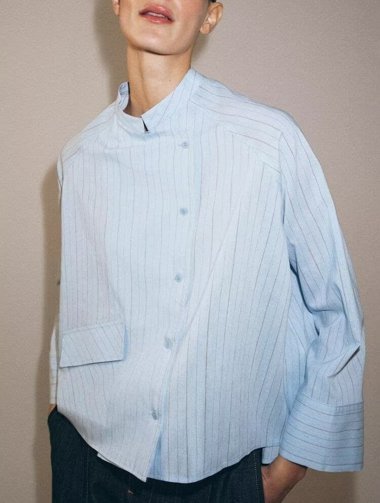 Women's Striped Stand-Collar Long Sleeve Shirt