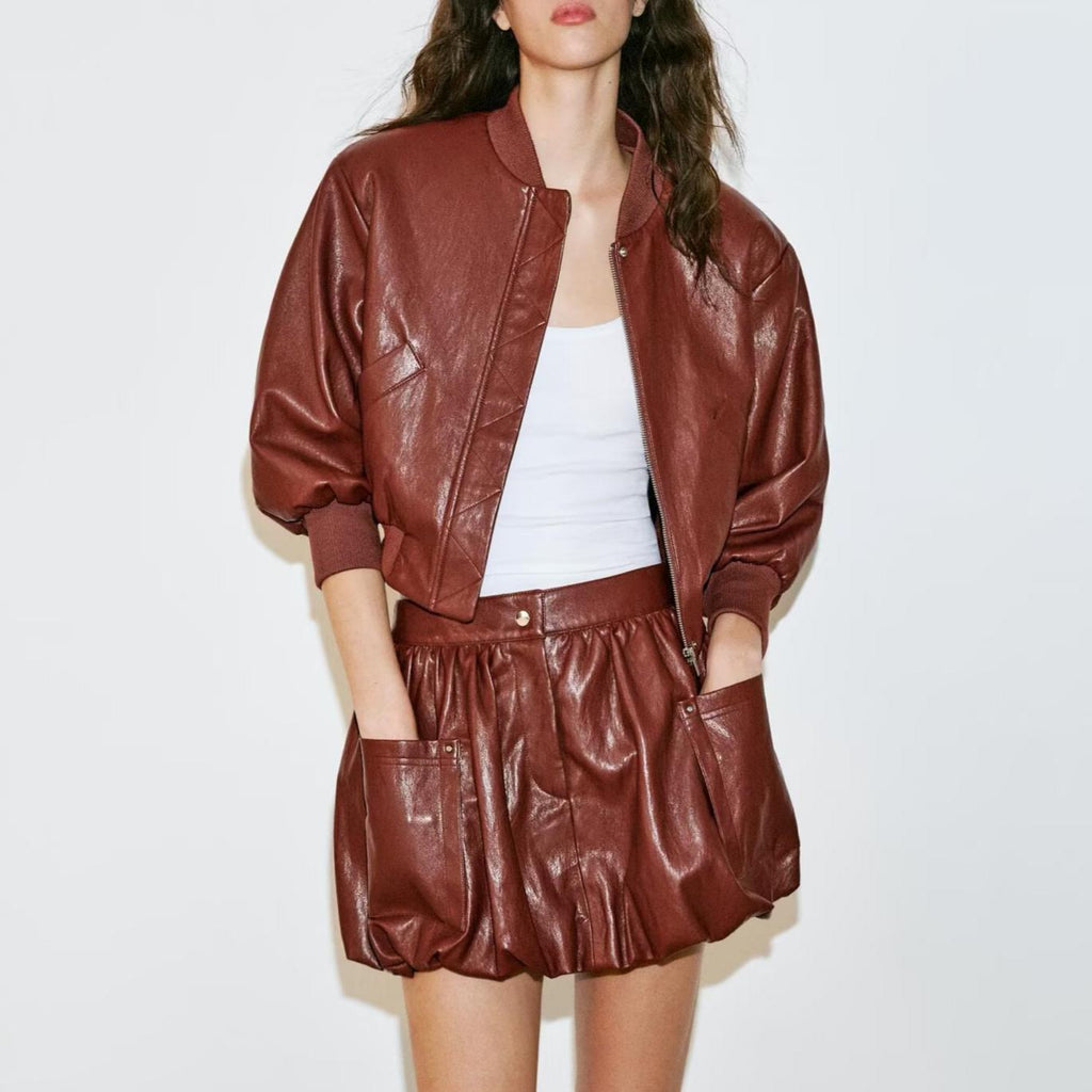 Women Faux Leather Padded Shoulder Bomber Jacket Coat Balloon Mini Skirt Shorts Three Piece Set