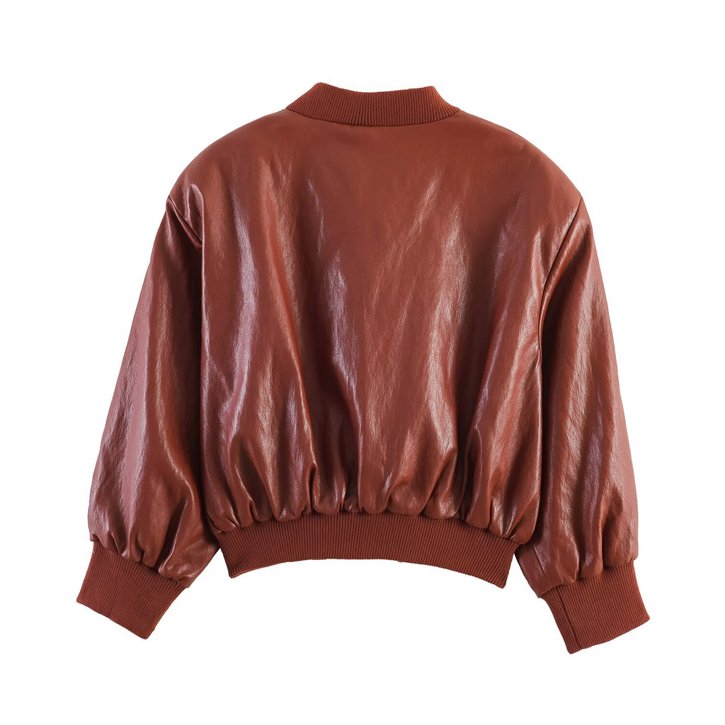 Women Faux Leather Padded Shoulder Bomber Jacket Coat Balloon Mini Skirt Shorts Three Piece Set
