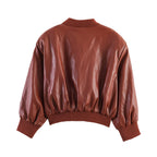 Women Faux Leather Padded Shoulder Bomber Jacket Coat Balloon Mini Skirt Shorts Three Piece Set