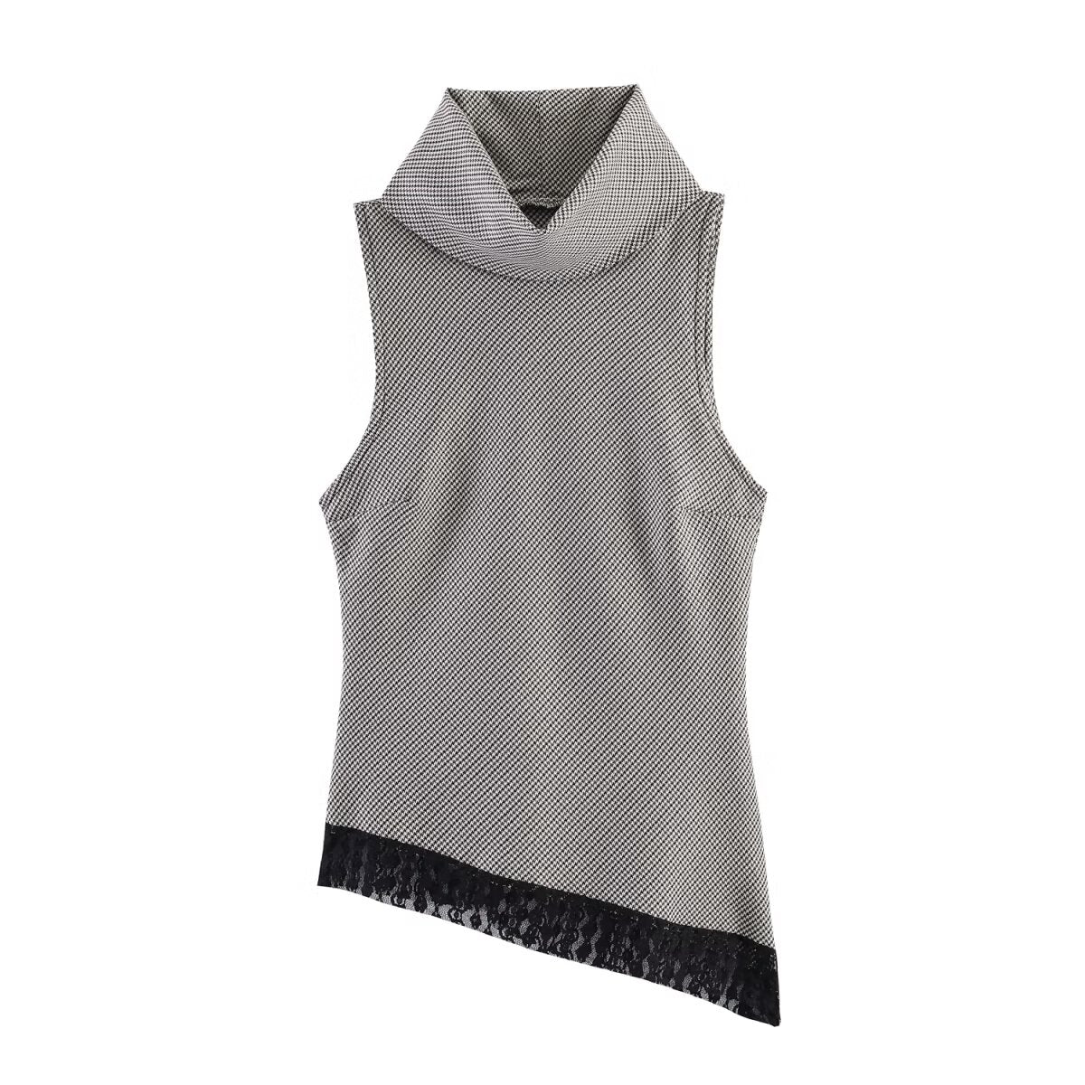 Women's Women Clothing Houndstooth Asymmetric Hem Lace Top Small Vest