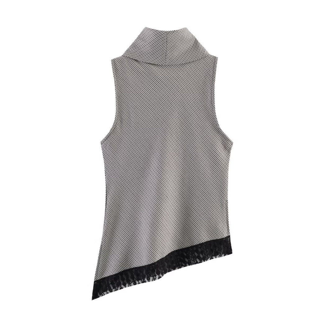 Women's Women Clothing Houndstooth Asymmetric Hem Lace Top Small Vest