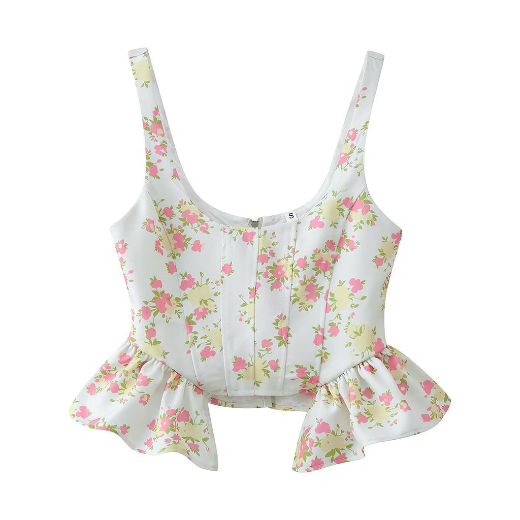 Spring Women Clothing Sexy Ruffled Floral Top Pants Set