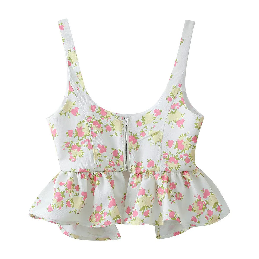 Spring Women Clothing Sexy Ruffled Floral Top Pants Set