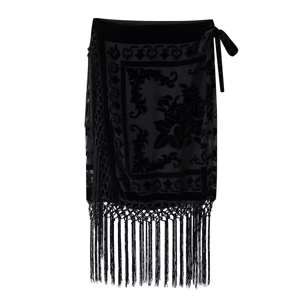 Floral Velvet Fringe High-Waist Midi Skirt