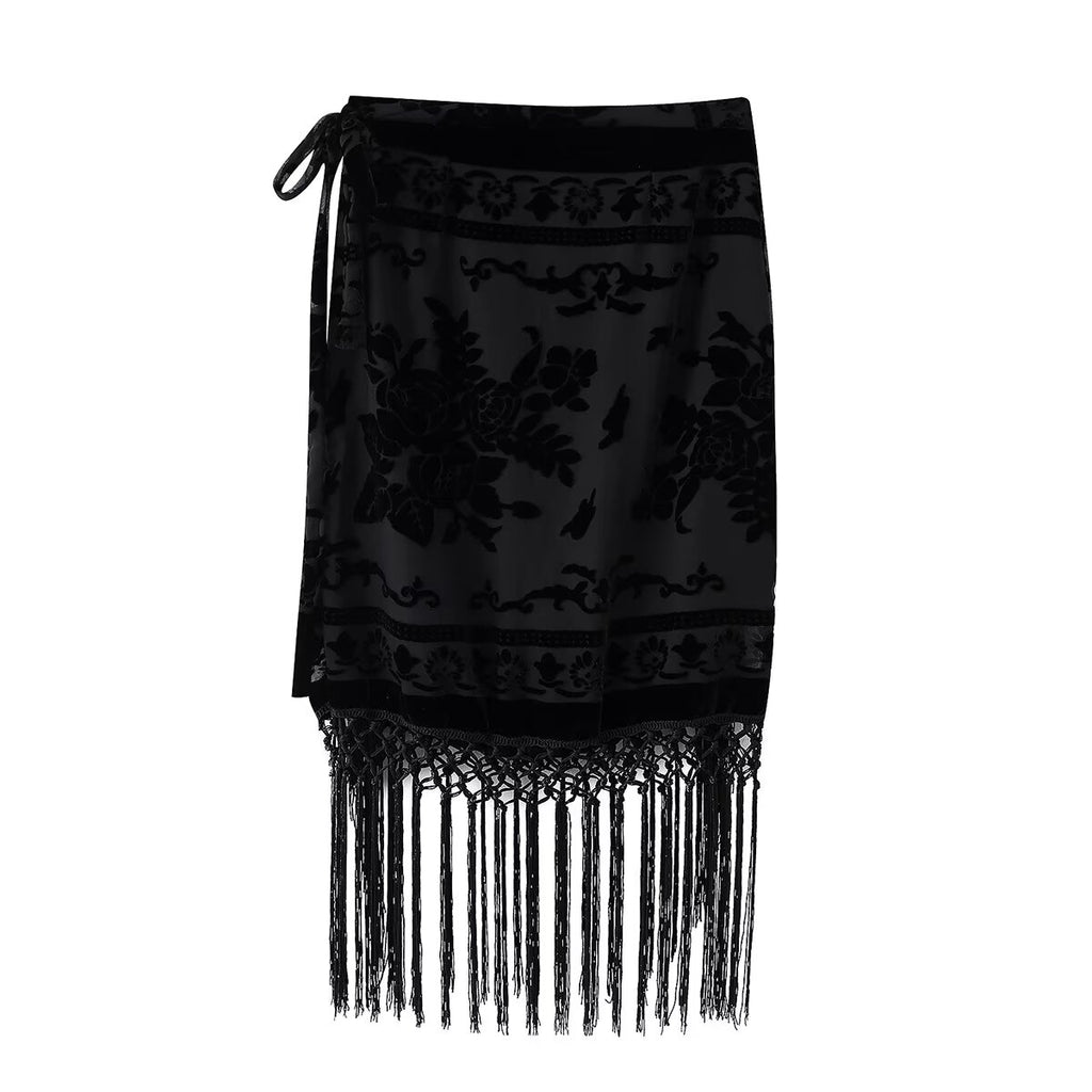Floral Velvet Fringe High-Waist Midi Skirt