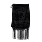 Floral Velvet Fringe High-Waist Midi Skirt