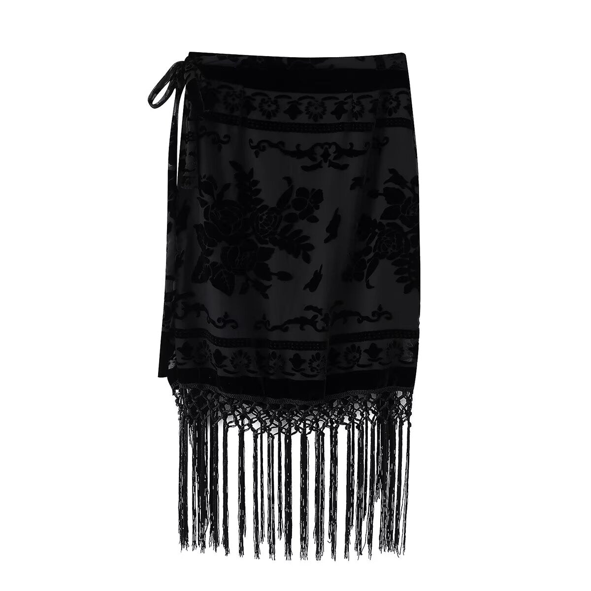 Floral Velvet Fringe High-Waist Midi Skirt