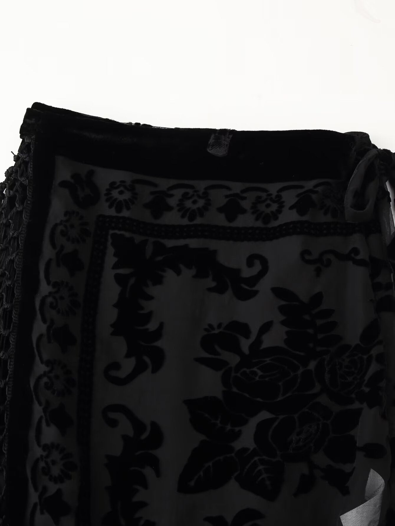 Floral Velvet Fringe High-Waist Midi Skirt