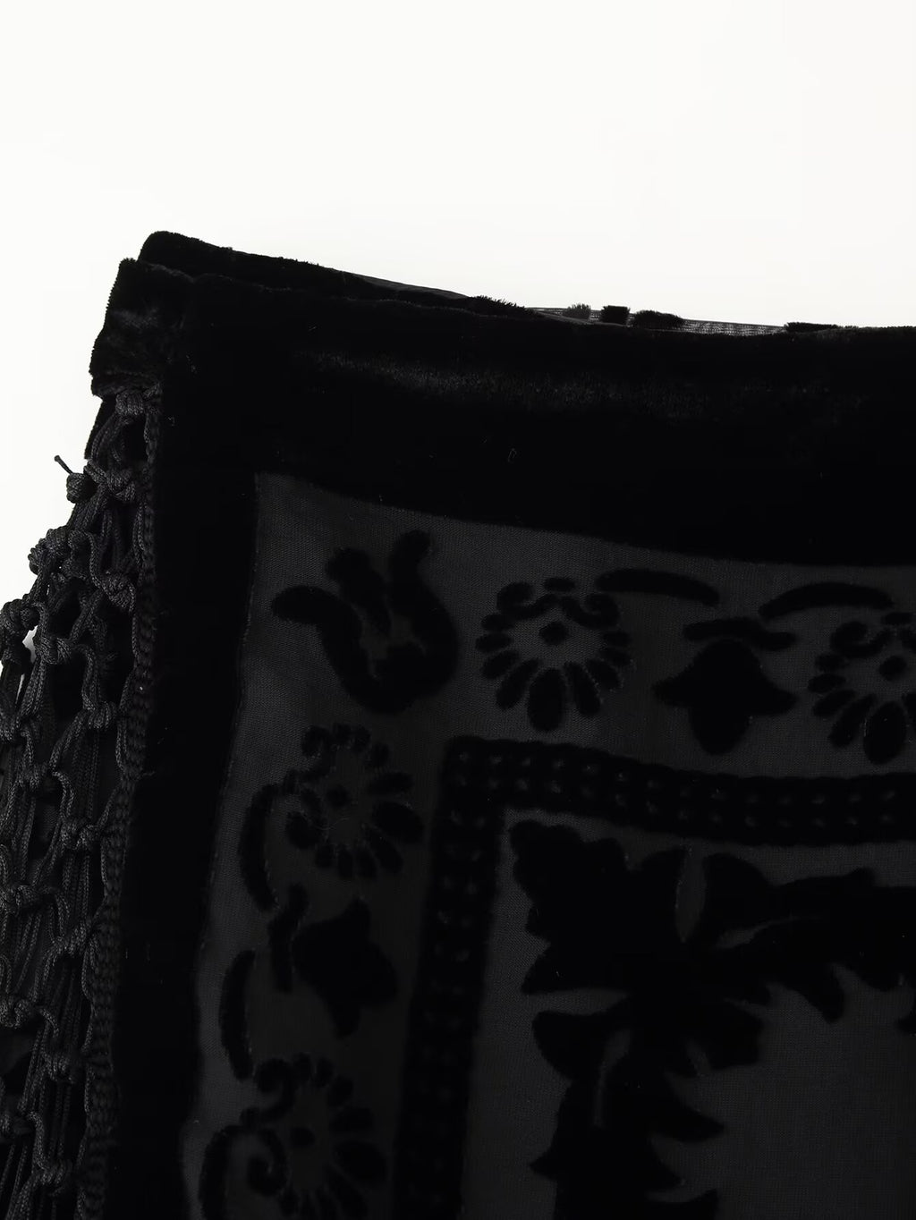 Floral Velvet Fringe High-Waist Midi Skirt