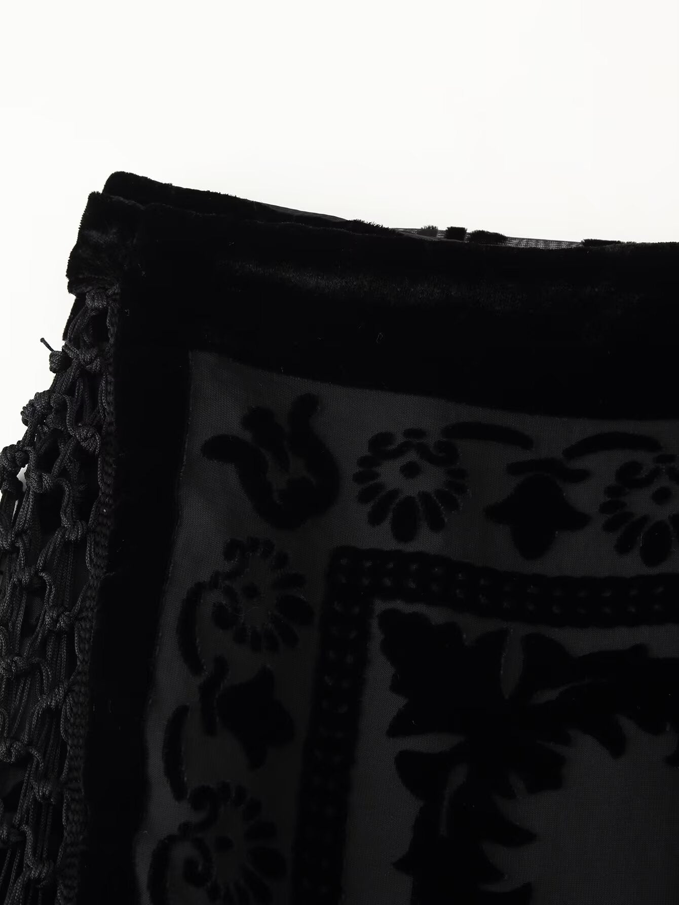 Floral Velvet Fringe High-Waist Midi Skirt