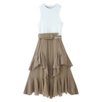 Color-Block Crew-Neck Belted Sleeveless A-Line Midi Dress