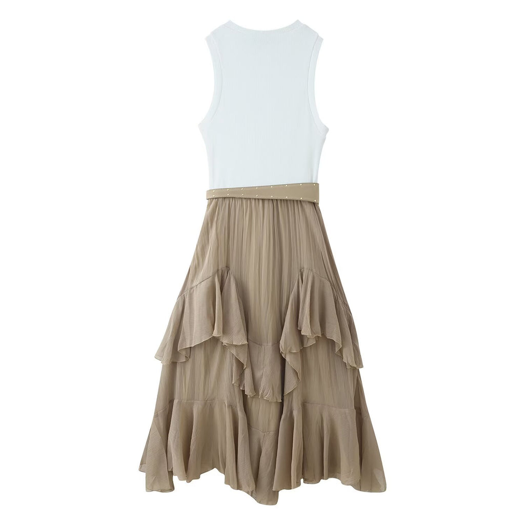Color-Block Crew-Neck Belted Sleeveless A-Line Midi Dress