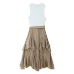 Color-Block Crew-Neck Belted Sleeveless A-Line Midi Dress