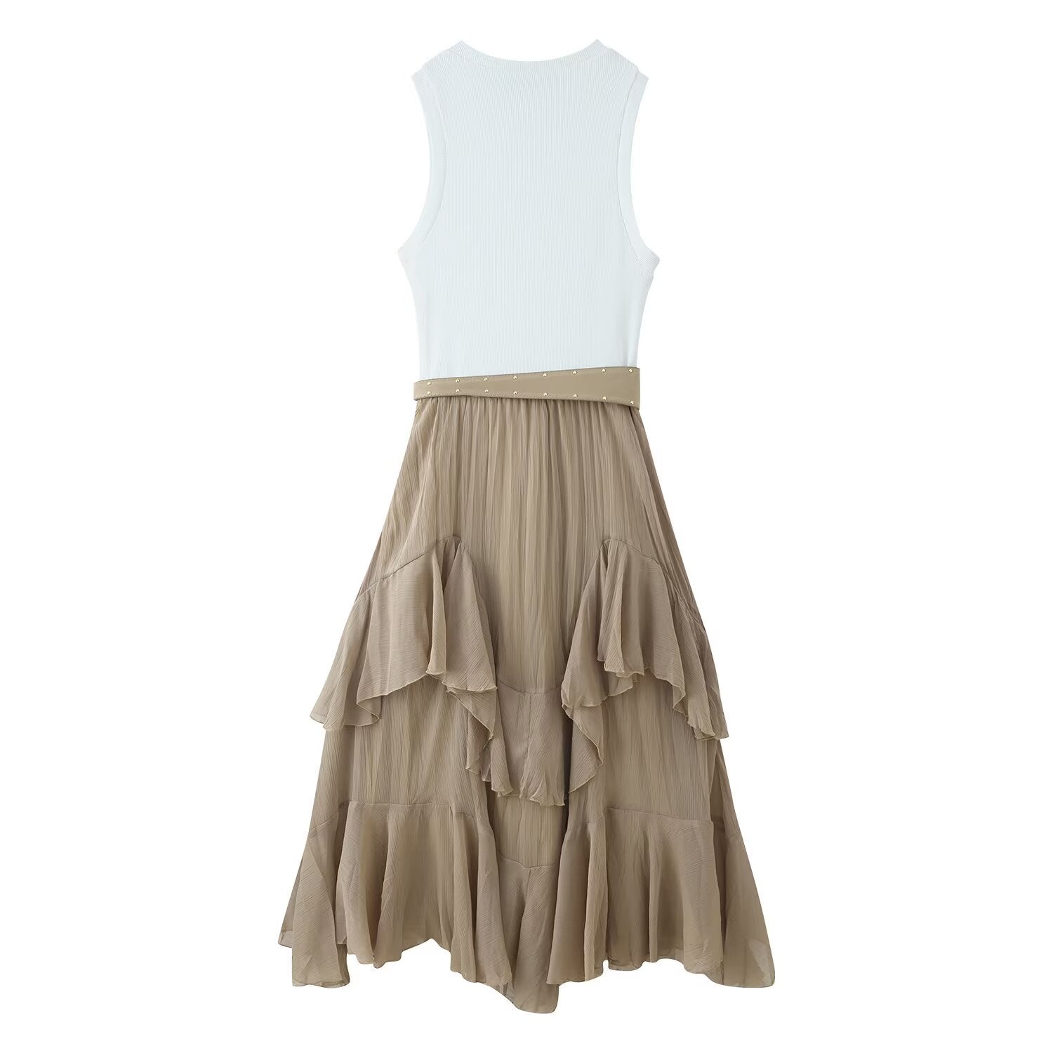 Color-Block Crew-Neck Belted Sleeveless A-Line Midi Dress