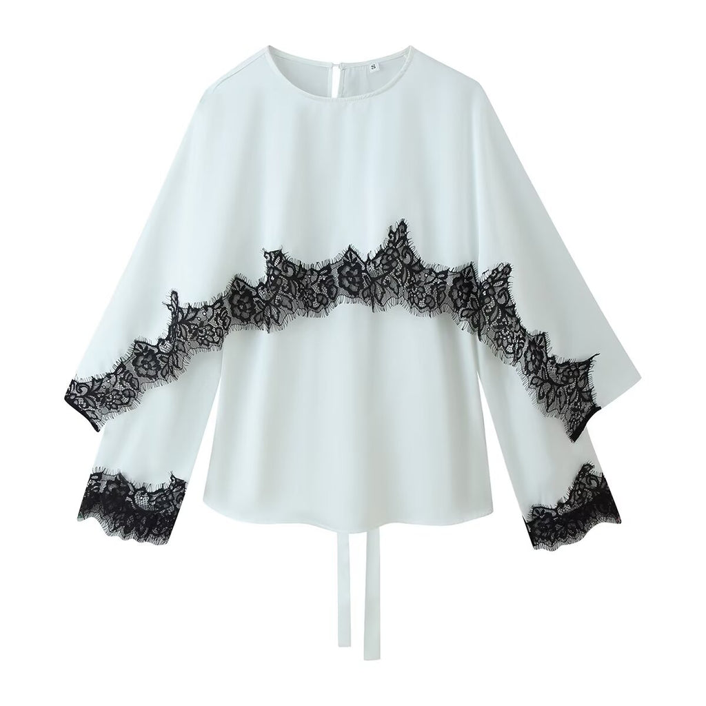 Women's Women Clothing Elegant Lace Stitching Satin Long Sleeve T Shirt Shawl All Matching Top