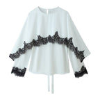 Women's Women Clothing Elegant Lace Stitching Satin Long Sleeve T Shirt Shawl All Matching Top