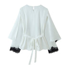Women's Women Clothing Elegant Lace Stitching Satin Long Sleeve T Shirt Shawl All Matching Top