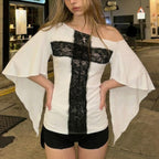 Women's Lace Cross Contrast Color Waist Slimming Dark T-Shirt