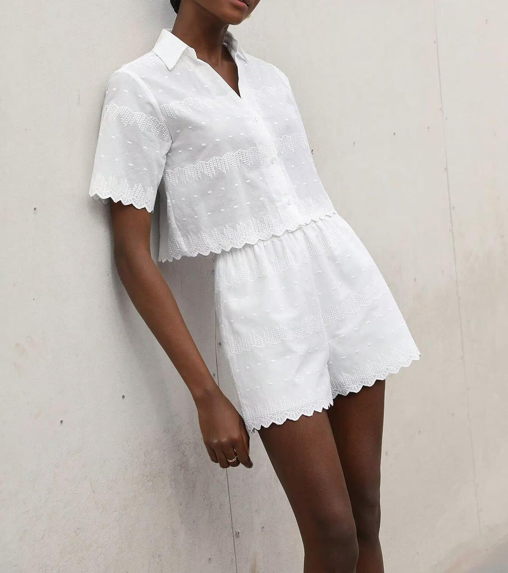 Women Clothing Simple Jacquard Embroidered Shirt Shorts Two Piece Set