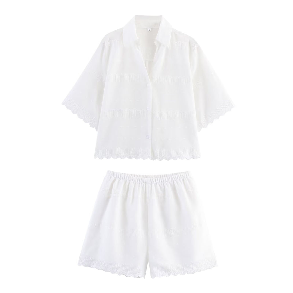 Women Clothing Simple Jacquard Embroidered Shirt Shorts Two Piece Set