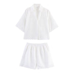 Women Clothing Simple Jacquard Embroidered Shirt Shorts Two Piece Set