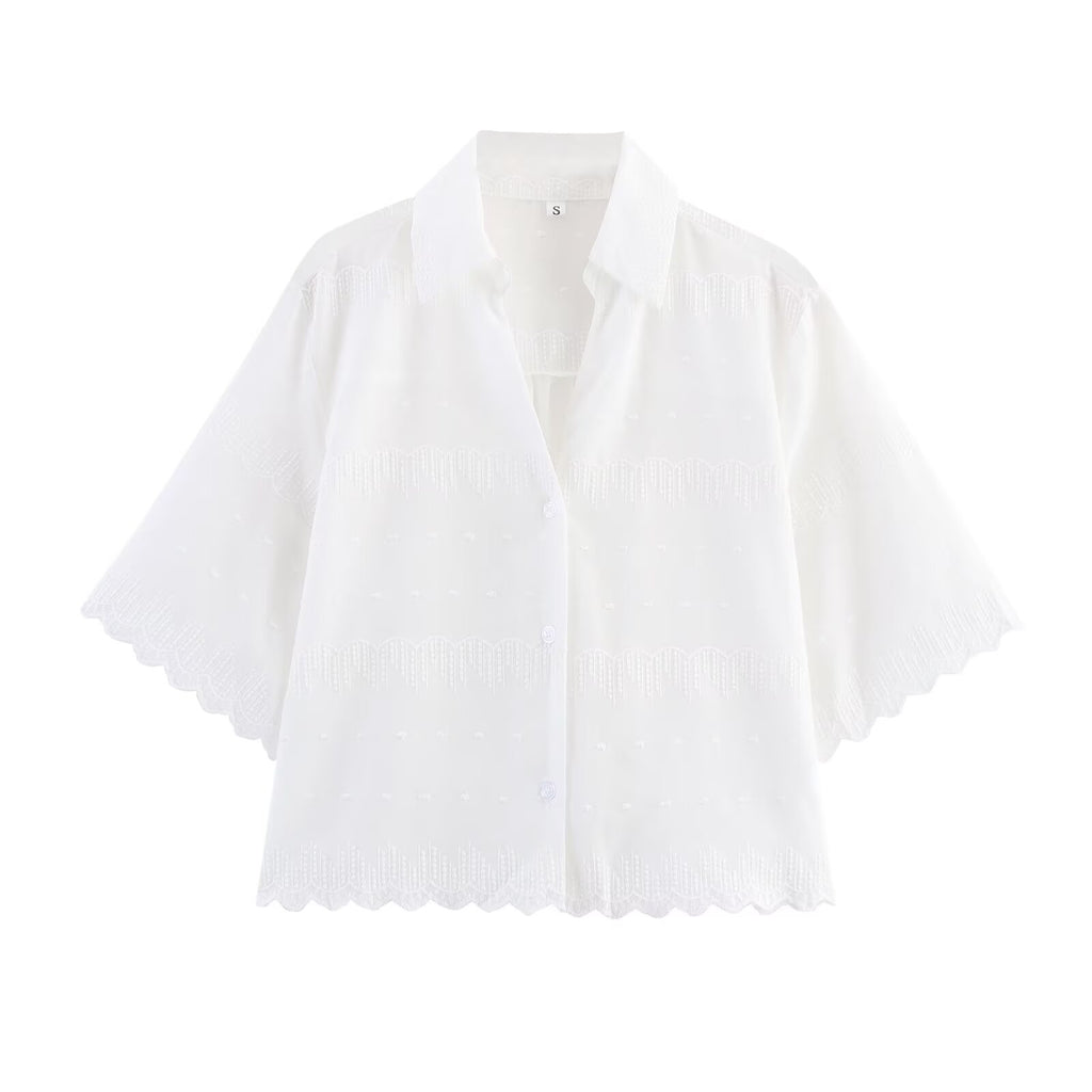 Women Clothing Simple Jacquard Embroidered Shirt Shorts Two Piece Set