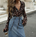 Women's Spring Women Clothing Leopard Print Lacing Chiffon Long Sleeve Shirt Top
