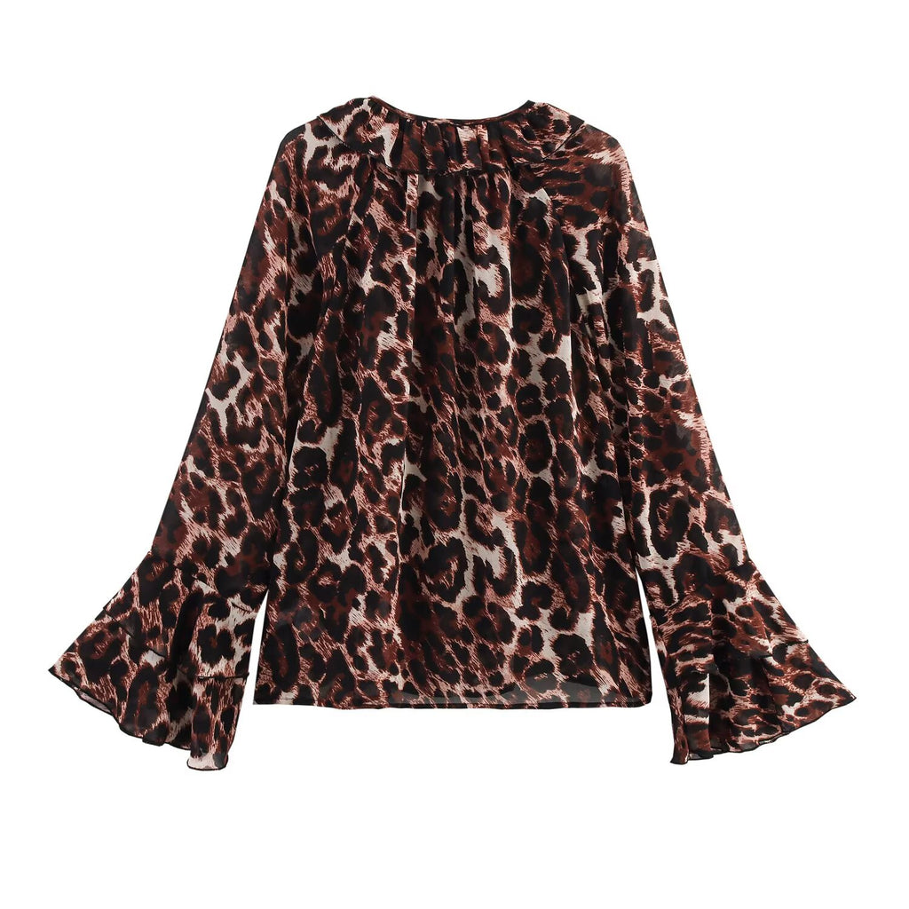 Women's Spring Women Clothing Leopard Print Lacing Chiffon Long Sleeve Shirt Top
