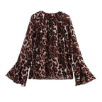 Women's Spring Women Clothing Leopard Print Lacing Chiffon Long Sleeve Shirt Top